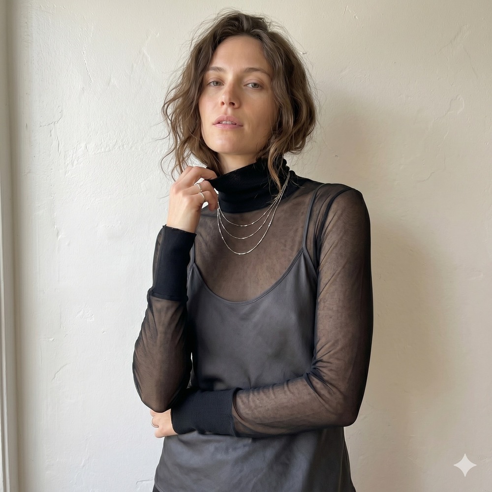 Enza Costa Top Women Medium Black Sheer Mesh Turtleneck Long Sleeve Goth Minimal